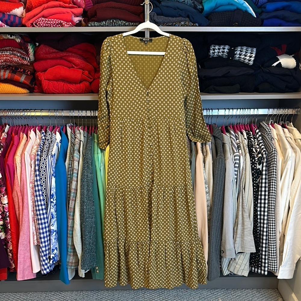 Madewell olive and white floral print v neck long sleeve midi dress size 00